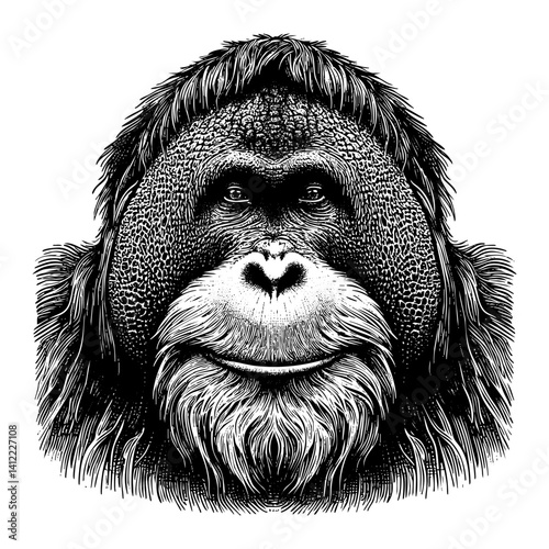 Orangutan portrait sketch engraving black and white outline. Scratch board imitation.  illustrated in vintage line art style on a white background.