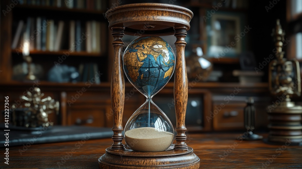 An hourglass with the Earth inside, with sand representing time