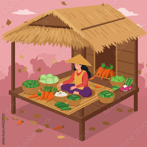 Woman Selling Fresh Vegetables at Market Stall Illustration