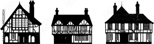 3 Pieces of Tudor style Council houses designs, Tudor style Council houses vector illustration
