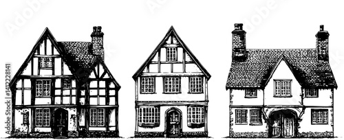 3 Pieces of Tudor style Hall houses designs, Tudor style Hall houses vector illustration