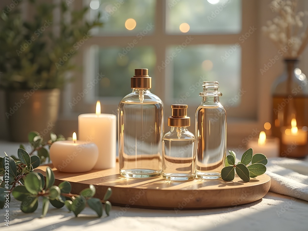 Calm Serenity Aromatherapy Display: Elegant glass aromatherapy bottles arranged on a natural wood tray, surrounded by fresh eucalyptus and lit candles, spa-inspired background.