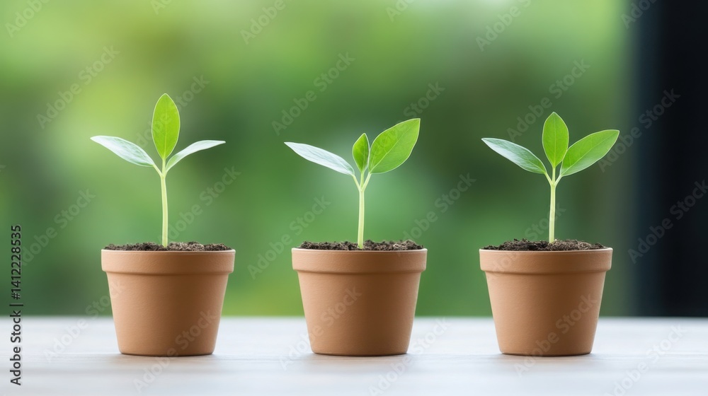 Three small potted plants are growing.