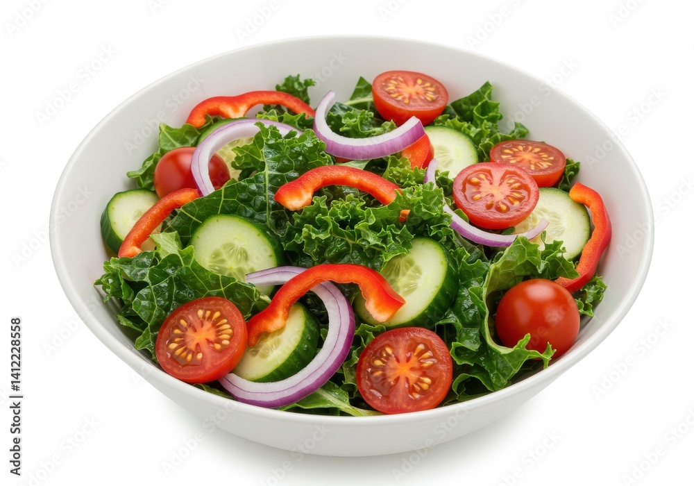 A white bowl filled with a colorful salad consisting of lettuce tomatoes cucumbers onions and peppers A white bowl filled with a colorful salad consisting of lettuce tomatoes cucumbers onions and peppers