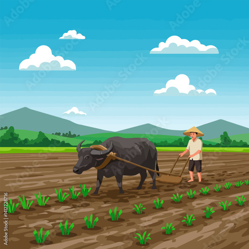 Plowing Field with Buffalo Agriculture Landscape