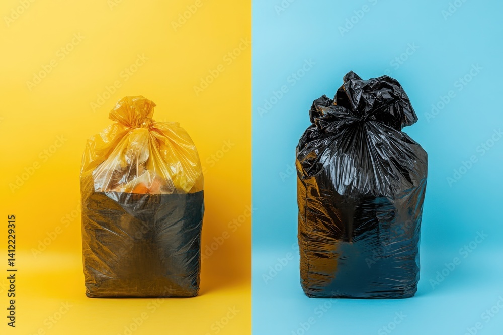 Black garbage bags with food waste on a yellow background, with copy space for text. Two thumbnail images of trash,