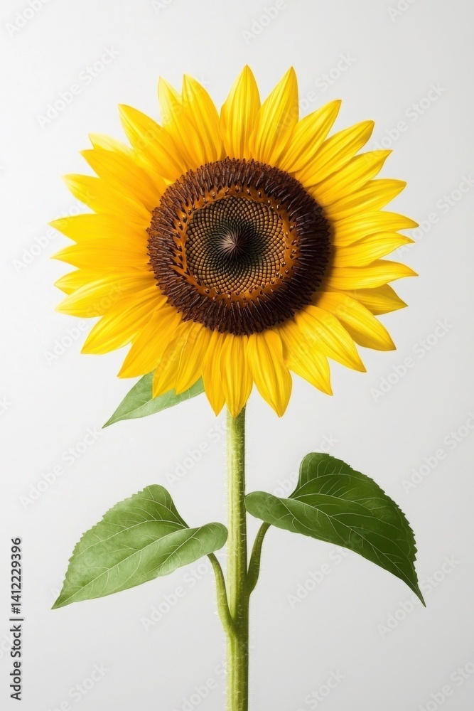 Beautifully detailed hand-drawn sunflower with a tall stem and broad green leaves, soft muted yellows for petals,
