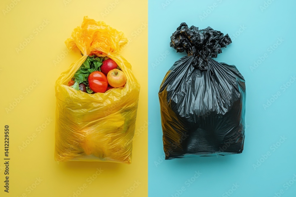 Black garbage bags with food waste on a yellow background, with copy space for text. Two thumbnail images of trash,
