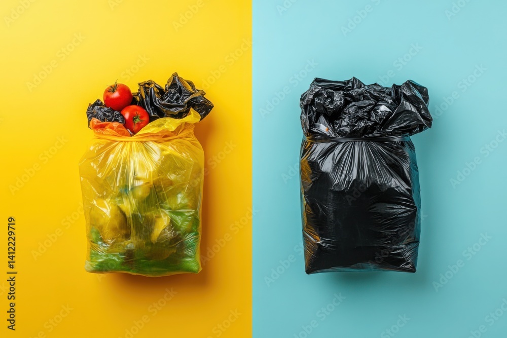 Black garbage bags with food waste on a yellow background, with copy space for text. Two thumbnail images of trash,