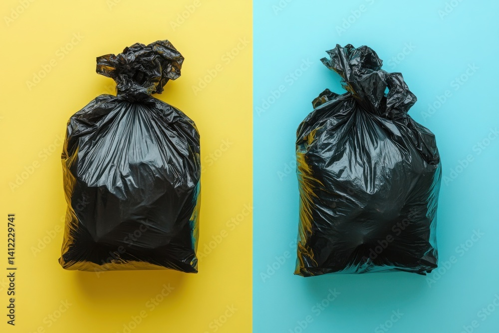 Black garbage bags with food waste on a yellow background, with copy space for text. Two thumbnail images of trash,