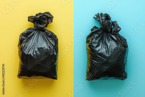 Obraz na płótnie Black garbage bags with food waste on a yellow background, with copy space for text. Two thumbnail images of trash, w salonie