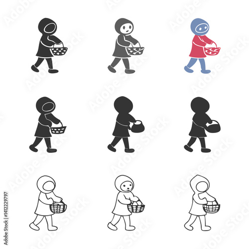 A little girl cheerfully carries a basket of goodies, a charming illustration in various colors and line styles.