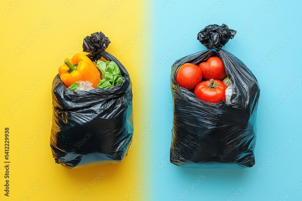 Black garbage bags with food waste on a yellow background, with copy space for text. Two thumbnail images of trash,