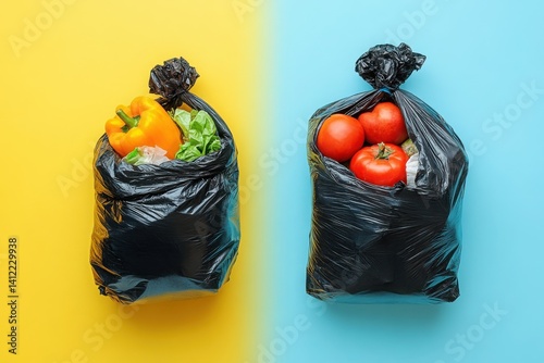 Obraz na płótnie Black garbage bags with food waste on a yellow background, with copy space for text. Two thumbnail images of trash, w salonie