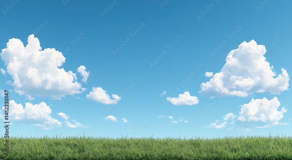 Blue sky and green grass background, panoramic view, 3D rendering. Bright and fresh colors create an atmosphere of spring or summer. The grass is lush with sunlight shining through the clouds on it.