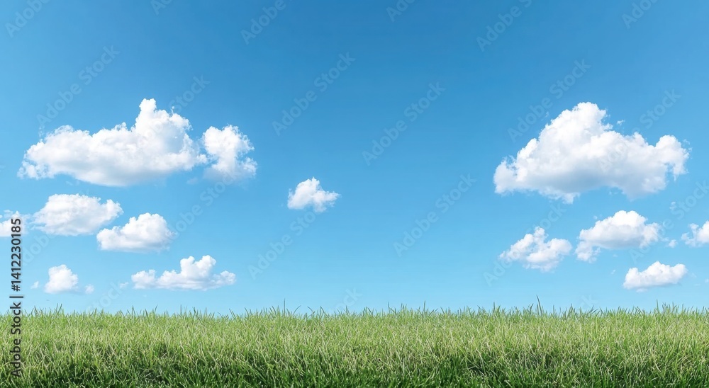 Blue sky and green grass background, panoramic view, 3D rendering. Bright and fresh colors create an atmosphere of spring or summer. The grass is lush with sunlight shining through the clouds on it.