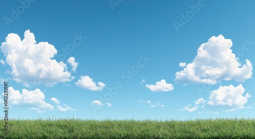 Obraz na płótnie Blue sky and green grass background, panoramic view, 3D rendering. Bright and fresh colors create an atmosphere of spring or summer. The grass is lush with sunlight shining through the clouds on it. w salonie