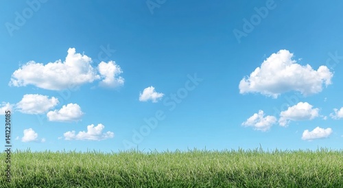 Obraz na płótnie Blue sky and green grass background, panoramic view, 3D rendering. Bright and fresh colors create an atmosphere of spring or summer. The grass is lush with sunlight shining through the clouds on it. w salonie