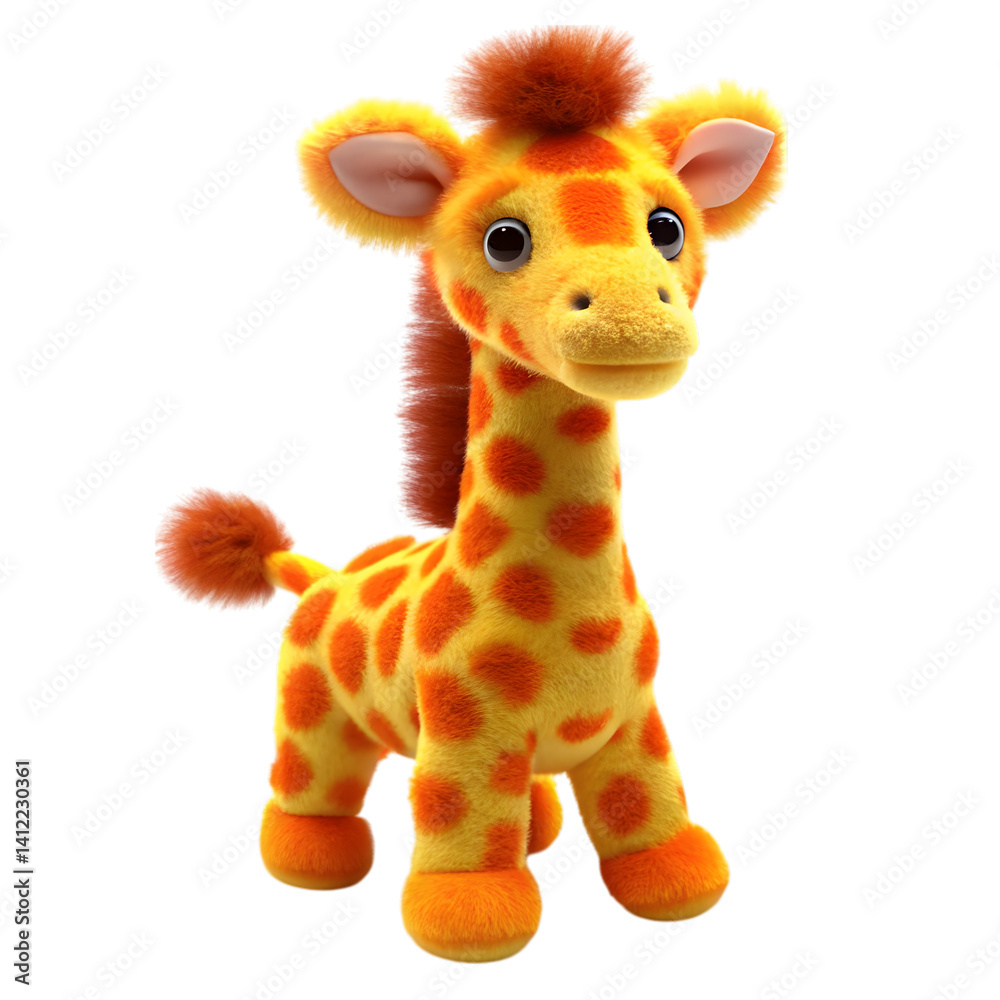 Obraz premium Playful plush giraffe: A delightful and cuddly plush giraffe stands tall, showcasing its iconic spots, vibrant colors, and soft, inviting texture.