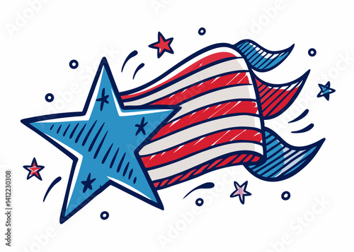 A soaring blue star trails a vibrant American flag, celebrating patriotic pride in a hand-drawn, dynamic style with bold lines and bright colors.