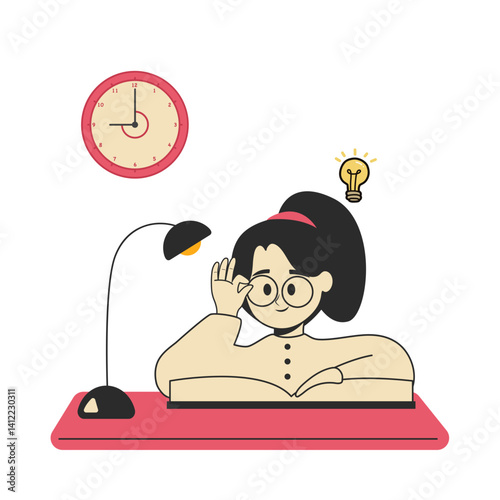 vector illustration of a girl studying at night