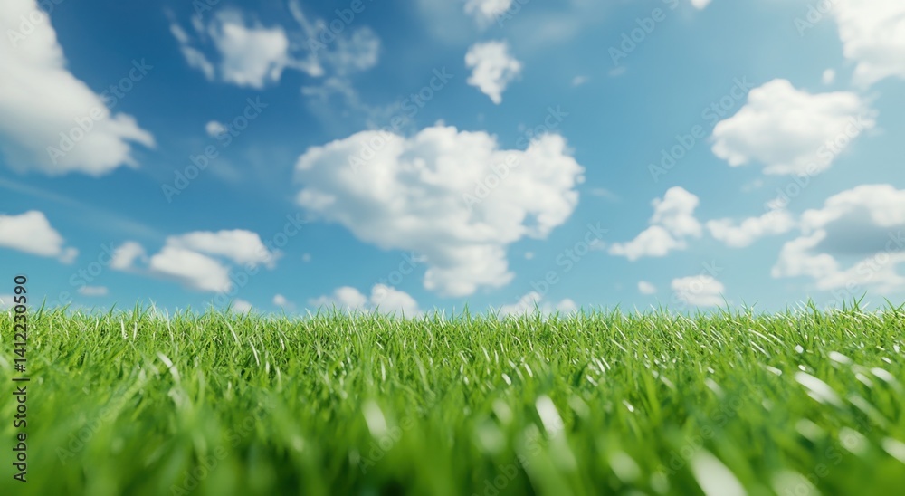 Blue sky and green grass background, panoramic view, 3D rendering. Bright and fresh colors create an atmosphere of spring or summer. The grass is lush with sunlight shining through the clouds on it.