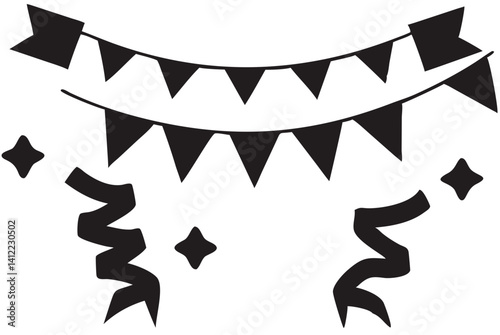 Festive black bunting and confetti celebrating a joyous occasion with a bold graphic style.
