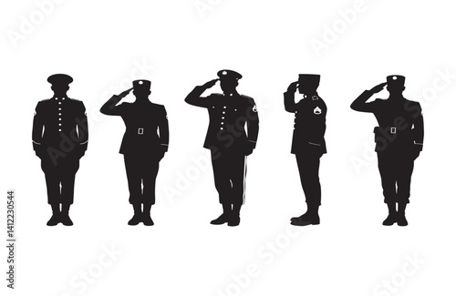 Brave military service members standing in salute stance