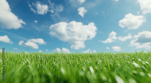 Obraz na płótnie Blue sky and green grass background, panoramic view, 3D rendering. Bright and fresh colors create an atmosphere of spring or summer. The grass is lush with sunlight shining through the clouds on it. w salonie