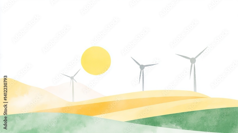 Obraz premium Gentle hills, wind turbines, and a bright sun depict a sustainable landscape.
