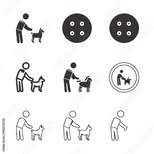 Simple stick figures tending to various animals, showcasing a clean, minimalist design with grayscale icons.