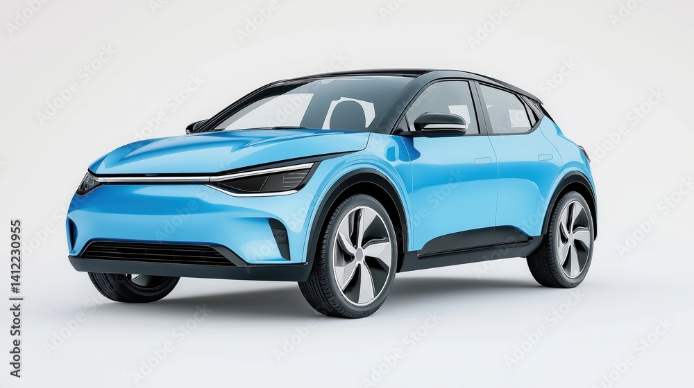 Fototapeta premium A compact Sky blue electric car mockup with a modern and clean design, viewed at a front-side angle.