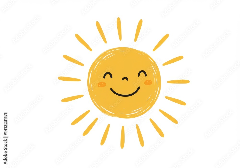 A cartoon sun with a smiling face and yellow rays on a white background is shining brightly today A cartoon sun with a smiling face and yellow rays on a white background is shining brightly today