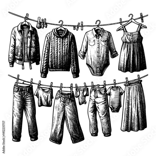 clothes hanging on a clothesline sketch engraving black and white outline. Scratch board imitation.  illustrated in vintage line art style on a white background.
