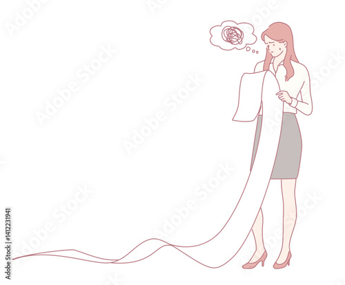 An illustration depicts a woman holding a lengthy list, deeply immersed in thought about her various ideas