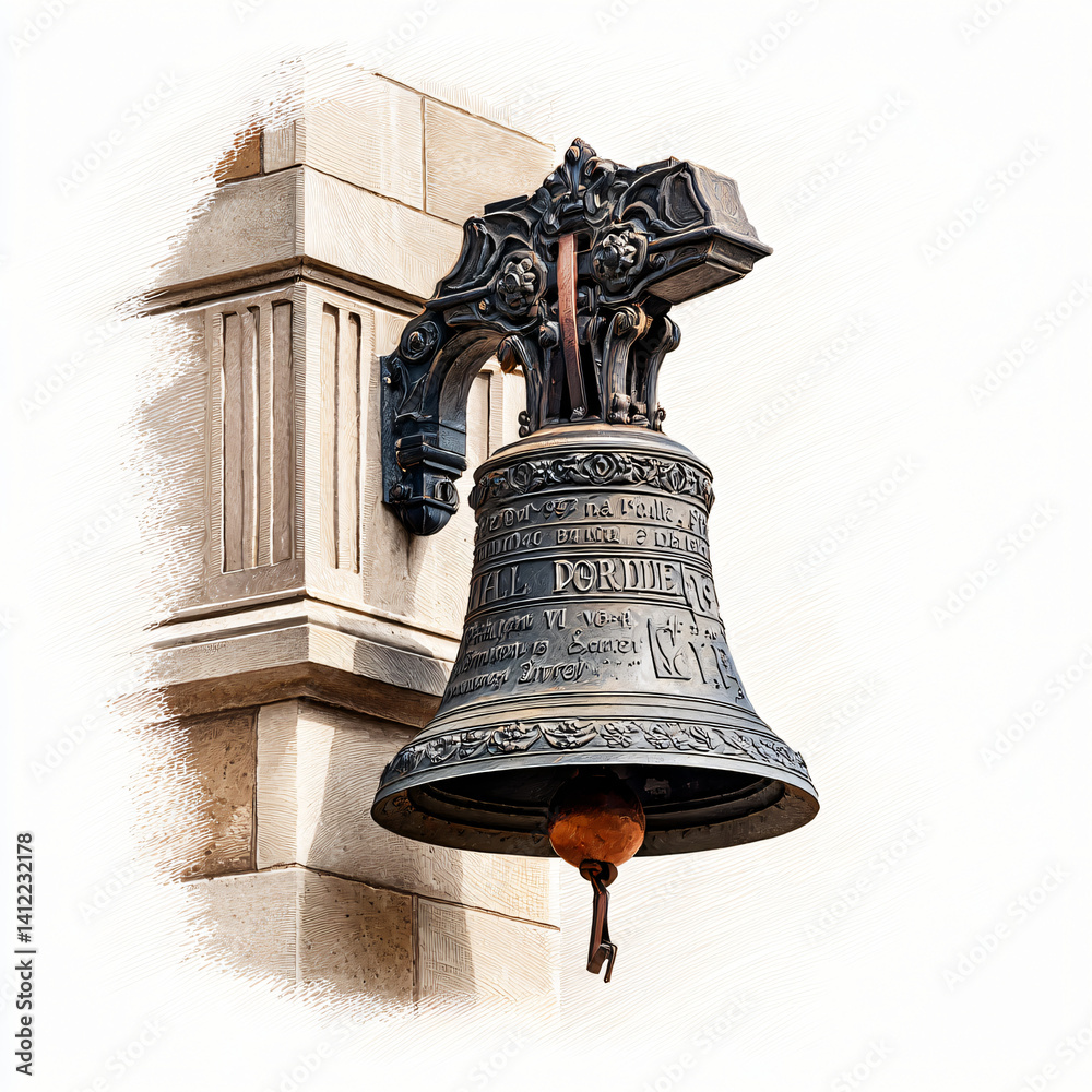 Obraz premium watercolor illustration of Call to prayer: Ornate cathedral bell with Latin inscriptions hung in stone tower