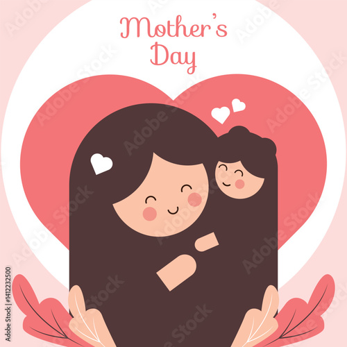 Minimalist Mother's Day Greeting Card with Heart and Tropical Leaf Illustrations, Warm Maroon and Coral Palette