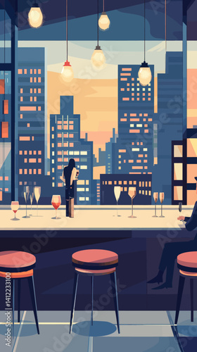 Elegant Rooftop Bar Scene with City Skyline in Minimalist Vector Style