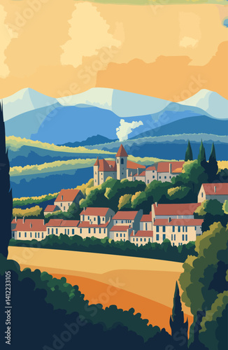 Vintage French Landscape Poster Art of Bourgogne-Franche-Comté Countryside for Tourism