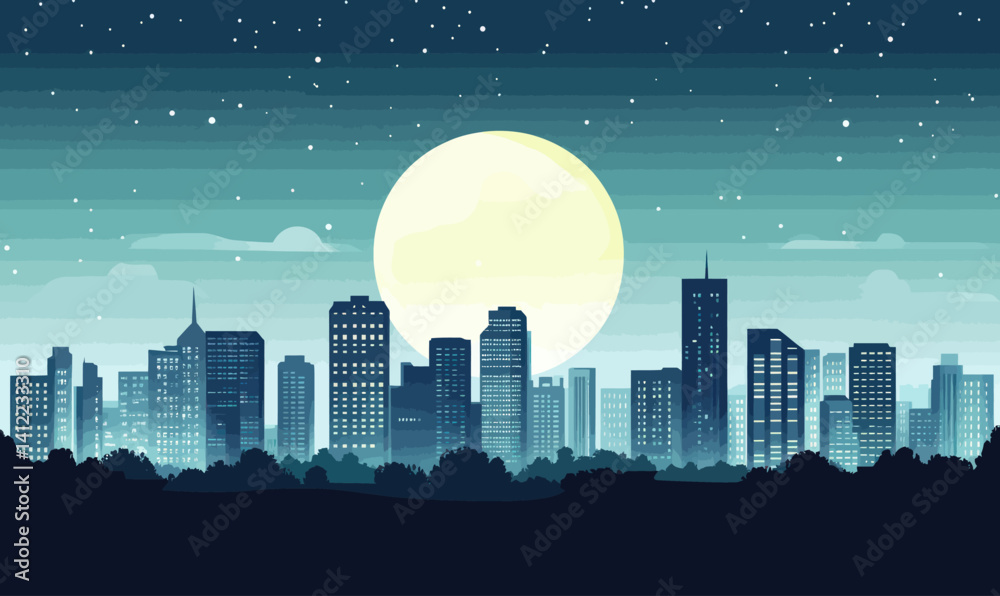 Fototapeta premium Minimalistic Full Moon Cityscape Illustration with Night Skyline