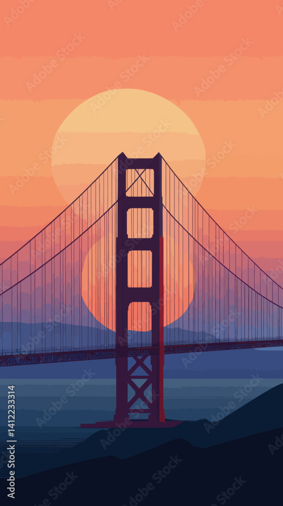 Fototapeta premium Golden Gate Bridge Sunset Illustration in Minimalist Vector Art Style