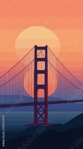 Golden Gate Bridge Sunset Illustration in Minimalist Vector Art Style