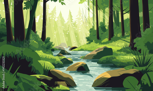 Sunlit Forest Glade with Stream and Mossy Rocks for Tranquil Meditation
