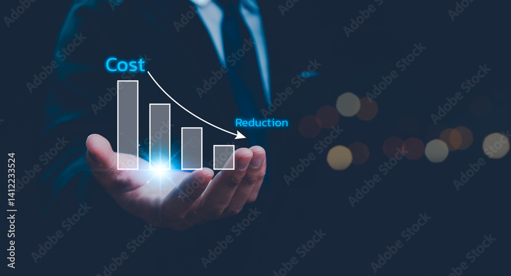 Cost and quality control, business strategy and project management concept. Businessman use computer laptop with quality control growth graph and cost reduction, control budget cost and improvement.