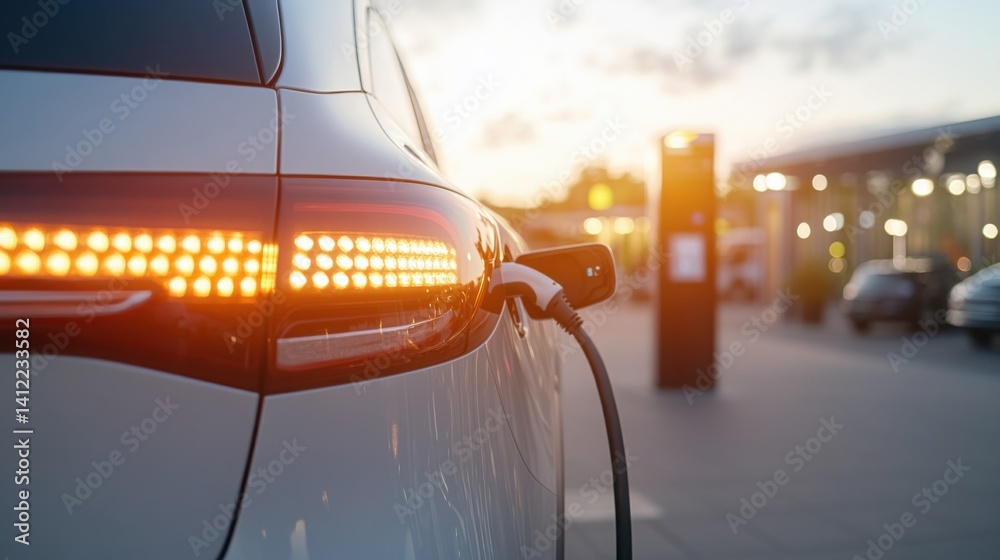 Car charging at an electric vehicle dock in front of a modern building. A demonstrating the electric energy concept.