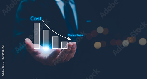 Obraz na płótnie Cost and quality control, business strategy and project management concept. Businessman use computer laptop with quality control growth graph and cost reduction, control budget cost and improvement. w salonie