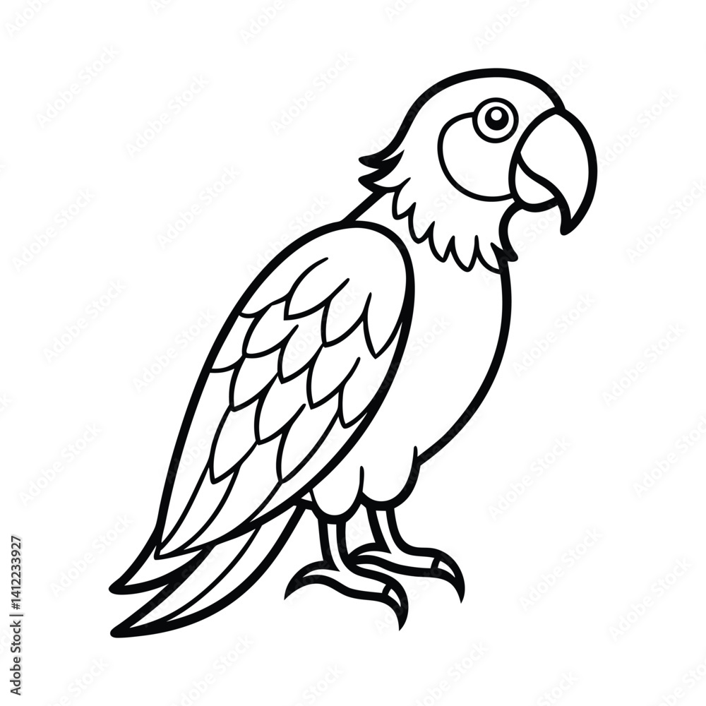 Black and White Illustration of a Parrot with Cartoon Features Black and White Illustration of a Parrot with Cartoon Features