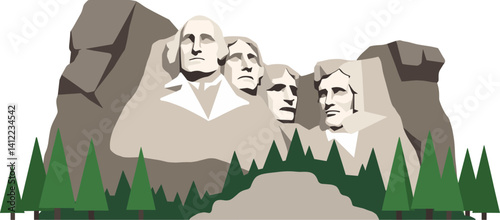 Flat vector of Mount Rushmore with stylized trees and simplified rock formations on white background