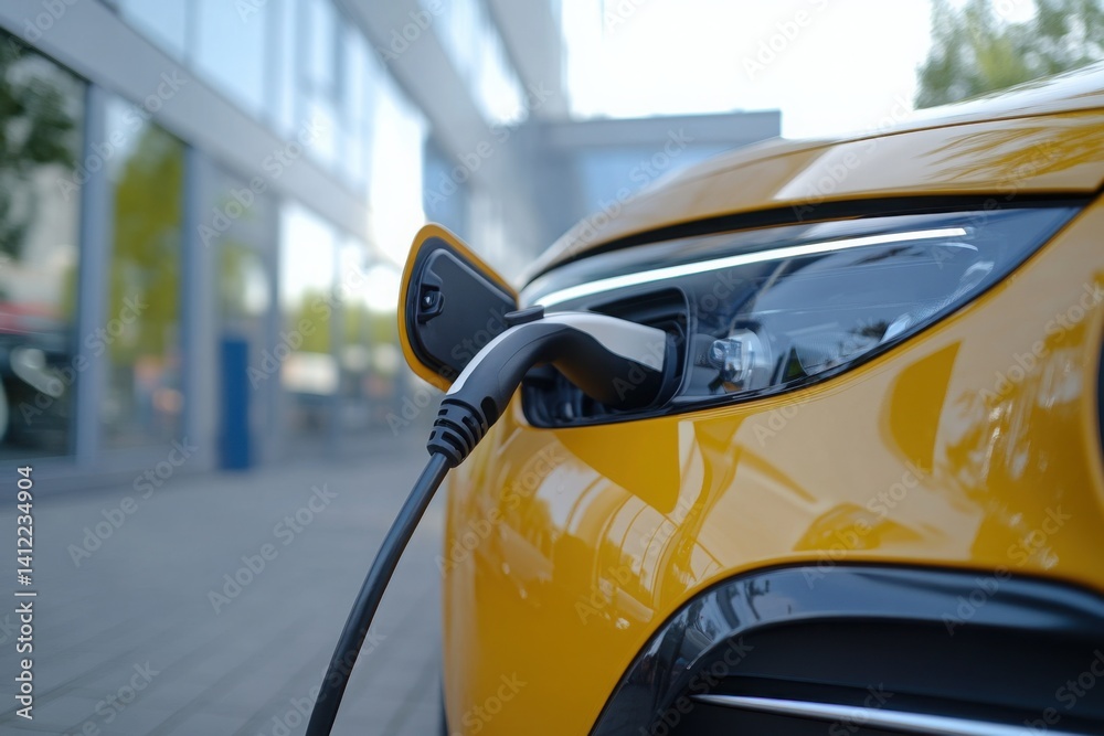 Car charging at an electric vehicle dock in front of a modern building. A demonstrating the electric energy concept.