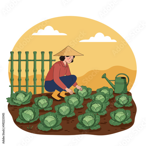Gardener Tending Cabbages in Her Field with Hat
